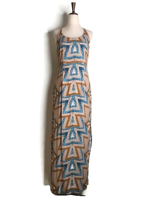 #ad Free People Blue Brown Geo Tribal Print Serves You Right Maxi Dress Slit Size 2 $27.95