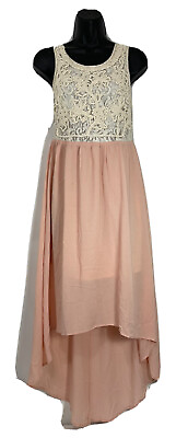#ad #ad En Creme S Pink White lace Top BOHO Dress Maxi High Low V Back Wedding $29.99