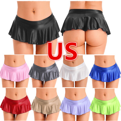 #ad US Women#x27;s Glossy Stretchy A line Micro Mini Skirts Low Rise Skirts Nightwear $9.39