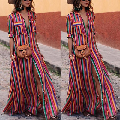 #ad fashion Women Button Striped Casual Loose Long Maxi Dress Boho Long Shirt Dress $25.66