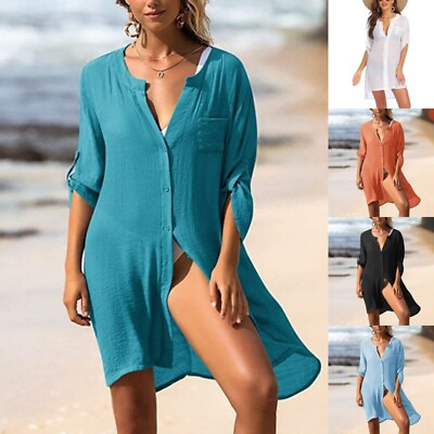 #ad Women Beach Cover Up Short Sleeve Swimsuit Coverup Casual Long Ladies Swimwear $25.69