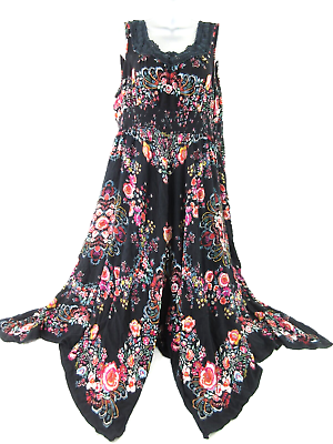 #ad Bila Maxi Sun Dress Women#x27;s XL Black Asymmetric Hanky Hem Crochet Boho GORGEOUS $33.95