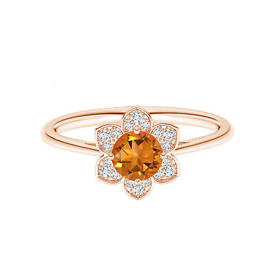 5 MM Round Natural Citrine Cocktail 14k Rose Gold Solitaire With Accents Ring $417.54