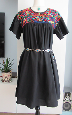 #ad COTTON EMBROIDERED SHORT SLEEVE BOHO DRESS SOUTHWESTERN DRESS Size S Black NWT $25.00