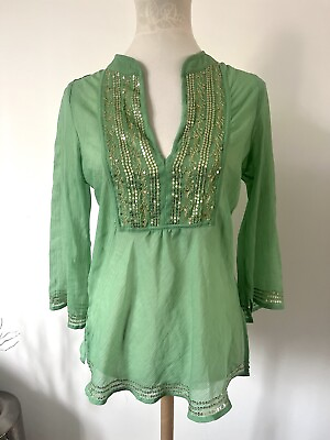 #ad Rogue Green Beach Cover Up Tunic Kaftan Top Sequins Holiday Cruise Boho Size 14 GBP 14.90