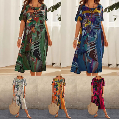 #ad Women Boho Summer Shirt Dress Short Sleeve Beach Dress Maxi Dress Sewing Dress GBP 15.19