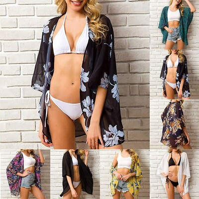 #ad #ad Women#x27;s Chiffon Cardigan Blouse Beach Cover Up Floral Cardigan Bikini Cover Up $17.91