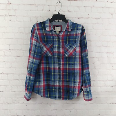 #ad Forever 21 Top Womens Large Blue Red Plaid Long Sleeve Lined Button Up Cotton $15.88