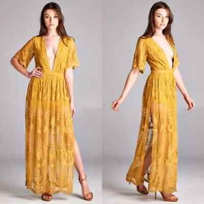 #ad Honey Punch mustard yellow spring romper dress maxi women#x27;s size Medium Boho $29.99