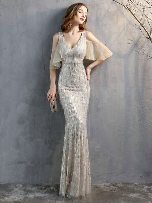 #ad Elegant V Neck Long Sequin Evening Dress New Off Shoulder Evening Party Dress $96.06