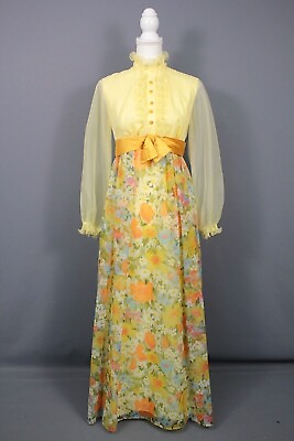 #ad Vtg Women#x27;s 70s Yellow Floral Maxi Dress 1970s Sheer Sleeves Ruffle Front Sz S M $74.99
