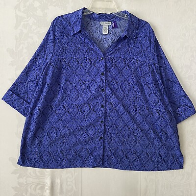#ad Catherines Blue Button Up Blouse Top Women Plus Petite 1X Chest 50 Length 27 $14.99