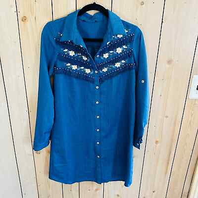 #ad Blue Long Sleeve Floral Fringe Faux Denim Western Country Long Sleeve Dress M $30.00