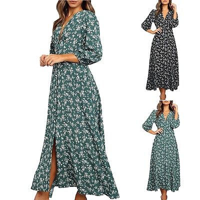 Women Long Sleeve Bohemian Floral Maxi Dresses Loose High Waist Boho Beach Dress $14.40