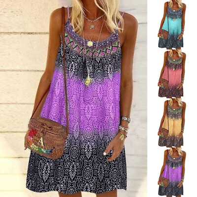 Plus Size Womens Strappy Short Dress Summer Holiday Boho Dress Beach Sundress US $10.93