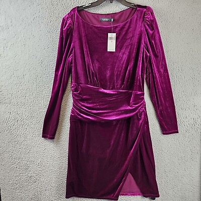 #ad LAUREN Ralph Lauren Velvet Puff Sleeve Cocktail Dress 16 Purple Boat Neck $51.34