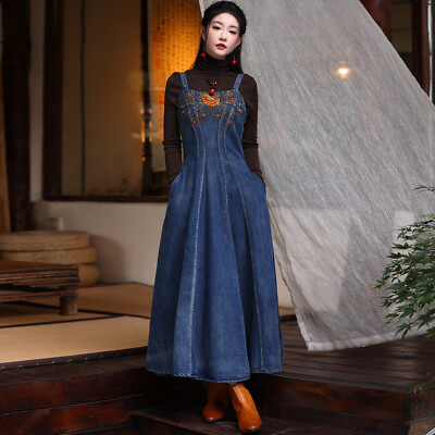 #ad New Women#x27;s Denim Dress Casual Spaghetti Strap Maxi Long Dresses Blue A2683 $69.00