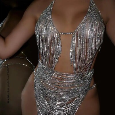 #ad Stonefans Sexy Rhinestones Silver Bikini Body Chain Set For Women $108.99