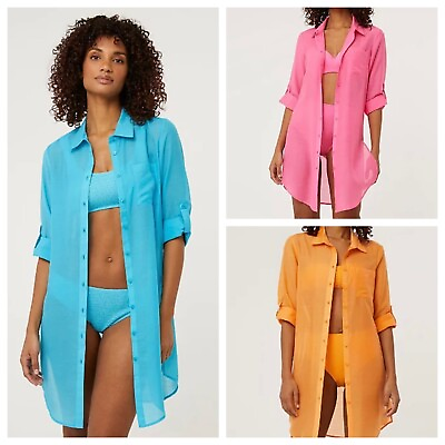 #ad George Semi Sheer Neon Pink Orange Or Blue Bikini cover up Shirt Dress 12 22 GBP 13.99