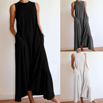 #ad Ladies Long Dress Pockets Maxi Dresses Women Holiday Casual Sleeveless $25.79