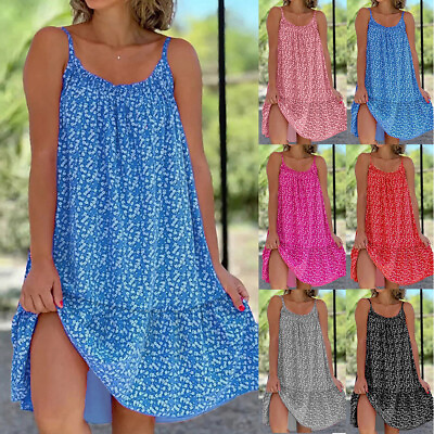 #ad Women Summer Holiday Dress Ladies Boho Floral Beach Sleeless Sun Dress Plus Size $11.01