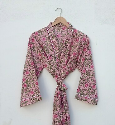 #ad Indian Cotton Pink Hand Block Beach Cover Up Kimonos Night Kimono Bath Robes US $26.22