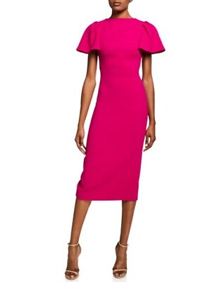Brandon Maxwell Sheath Dress Pink Ruffle Sleeve Wool Crepe Midi Cocktail Size 10 $385.00