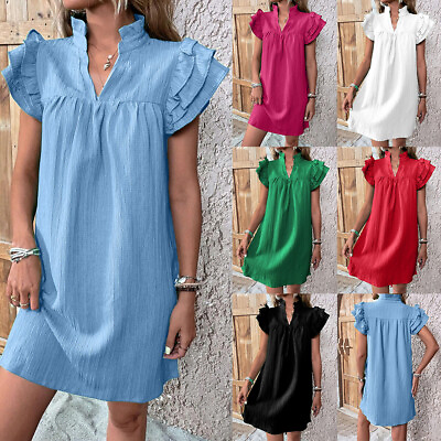 #ad Womens Boho Ruffle Tunic Dress Ladies V Neck Summer Holiday Loose Mini Sundress $22.59
