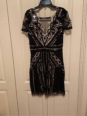 #ad Black Sequins Beaded See through Evening Party Dress Short Evening Dress M $18.00