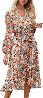 #ad #ad PRETTYGARDEN Women#x27;s Floral Print Boho Dress Long Sleeve Wrap V Neck Ruffle Belt $115.81