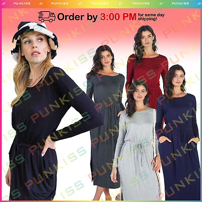 Women#x27;s Ladies Basic Casual Long Sleeve 2 Side Pocket💋Summer Midi Maxi Dress $20.99