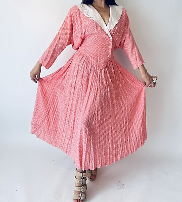 #ad Vintage E.D. MICHAELS Pink V Neck Long Sleeve Long Maxi Dress Size 10 $49.99
