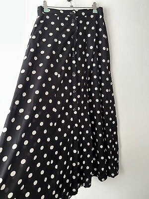 Vintage Polka Dot Skirt Long Black White Button Front Size 10 GBP 15.99