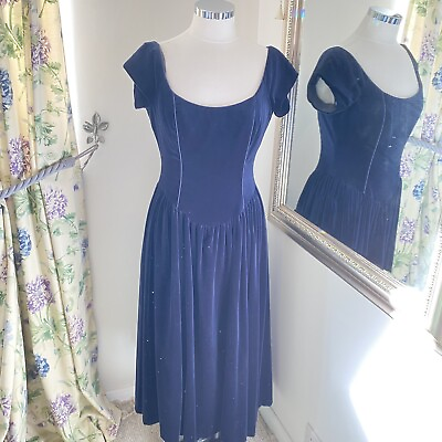 Laura Ashley 12 navy velour puff sleeve midi prom occasion party dress GBP 66.00