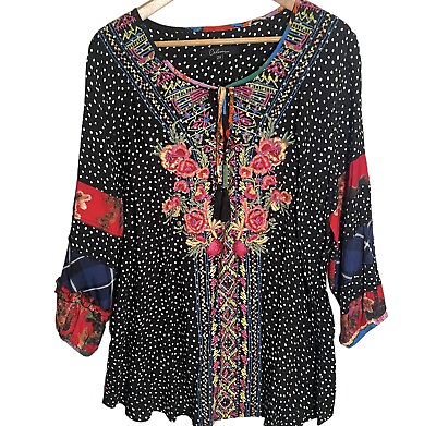 #ad Calessa Women’s Embroidered Floral Mixed Print Polka Dot Tunic Top 2X Boho NEW $39.95