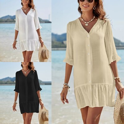 #ad Ladies Beach Cover Up Shirt Dress Swimsuit Coverup Women Holiday Loose $26.99