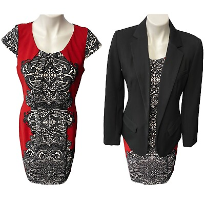 Shelby amp; Palmer Womens Dress Size 10 Blazer Combo Red Black Damask Short Sleeve $59.97