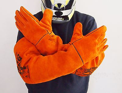 #ad EXTRA LONG Big Red Gloves Welding Gloves Extra Long Denim lined Leather Gloves AU $54.26