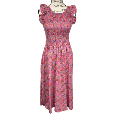 Melloday Pink Floral Smocked Casual Summer Dress Medium $25.00