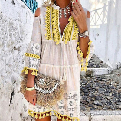 #ad #ad Embroidery Crochet Lace Boho Dress Women Tassel Ruffle Skirt V Neck Beach Dress $45.88