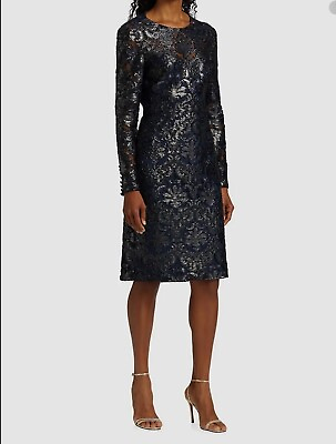 #ad NWOT $595 Theia Sz 12 Blue Cheryl Metallic Lace Long Sleeve Cocktail Dress 12R $79.99