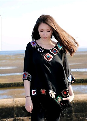 #ad Lovely Black Color With Multicolor Accents Crochet Beach Cover Up. $22.00