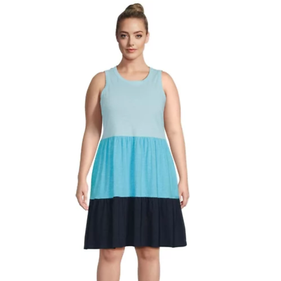 #ad Terra amp; Sky Tiered Blue Color Block Tank Dress Size 3X Sleeveless Plus Peasant $25.99