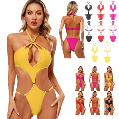 #ad Womens Bikini One Piece Swimsuit Solid Color Monokini Backless High Cut Leotard $7.43