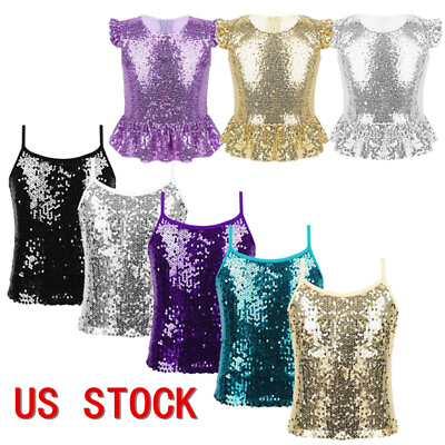 #ad US Girls Sparkly Sequins Peplum Top Ruffle Sleeves Zip Back Tops Party Dress Up $5.51