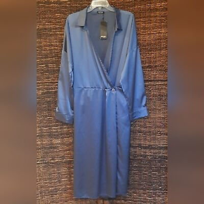 #ad NWT Nasty Gal Women#x27;s 24 Blue Satin Wrap Midi Dress Evening Boho Party Wedding $39.99
