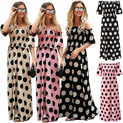 #ad Women Polka Dot Casual Dresses Sexy Off Shoulder Short Sleeve Beach Sundresses $24.91