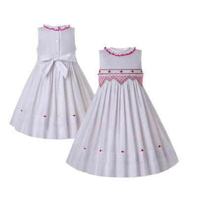 #ad Princess Girls Dress Smocked Bridesmaid Party Prom Summer Casual Sundress White $35.99