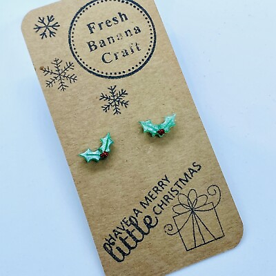 Handmade Metallic Holly And Berries Christmas Stud Earrings Hypoallergenic GBP 8.49