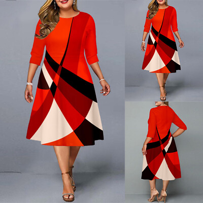 #ad Plus Size Womens Long Sleeve Casual Loose Midi Dress Party Evening A Line Dress $32.19